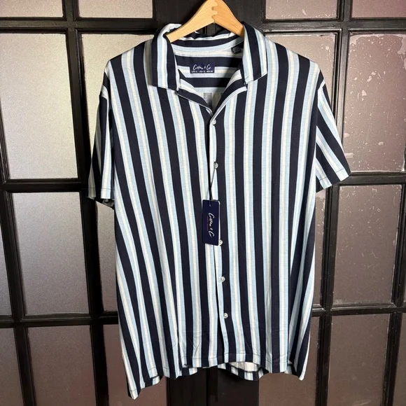 Cotton & Co Mens XL Striped Camp Collar Shirt NWT Resort Button Front - Picture 1 of 10